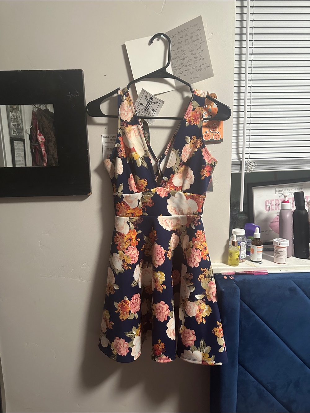 Navy Floral Fit-and-Flare Dress with Pink & Cream Blooms